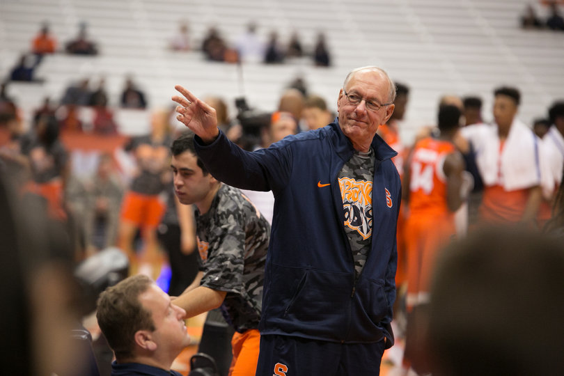 Boeheim waves to the crowd. He's entering his 40th season as SU's head coach.