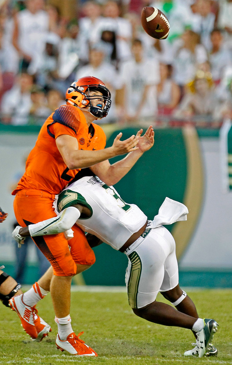 Dungey loses the football as he goes to pass and gets tackled by USF's Deatrick Nichols. USF recovered the fumble.
