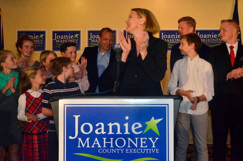Joanie Mahoney speaks to the crowd at her watch party at the Drumlins Country Club after she was reelected for a third term as county executive.