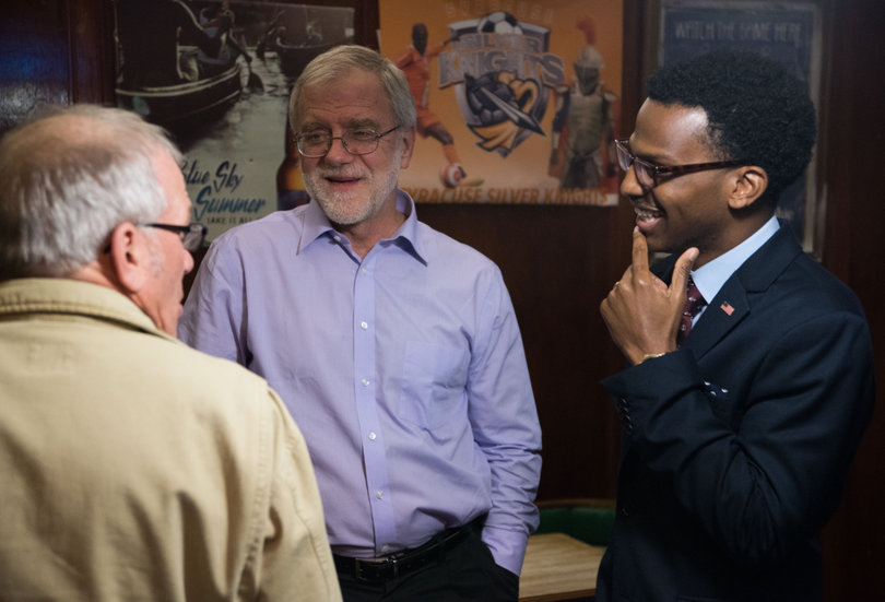Howie Hawkins, Green Party city auditor candidate, and Ray Blackwell, Green Party school board candidate, laugh with Green Party member, Robert Poormon, during an election result party at the Syracuse Polish Home. The Green Party had five candidates on the ballot and none were elected. 