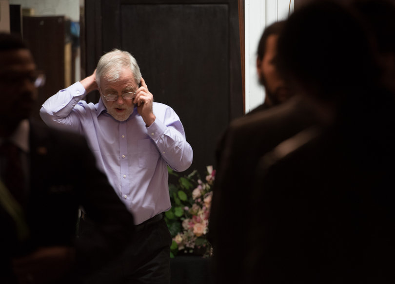 Howie Hawkins, Green Party city auditor candidate, speaks on the phone as he waits for early results to come in during an election result party at the Syracuse Polish Home. The Green Party had five candidates on the ballot and none were elected. 