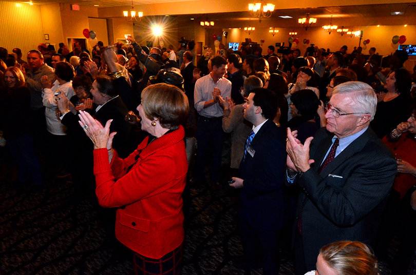 The crowd at the Joanie Mahoney watch party celebrates as the county executive was elected for a third term.