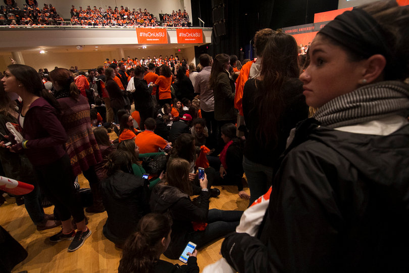 Syracuse University students wait inside Goldstein for the "It's On Us" event with the vice president.