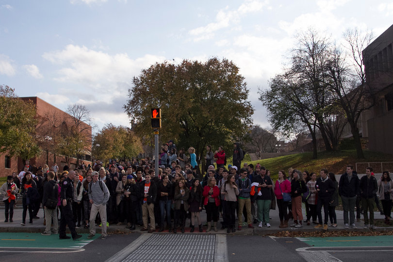 Lots of students gather at the Waverly Avenue crosswalk after hearing the vice president's speech.