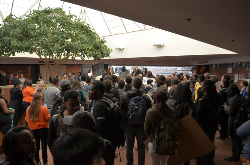 After walking from Hendricks Chapel, the student protestors gathered inside Schine to continue their rally.