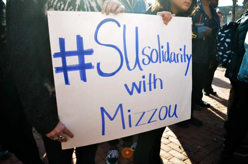 Many signs during the protest read: "#SUsolidarity with Mizzou."
