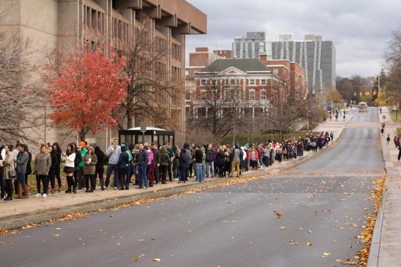 The line to get inside the Schine Student Center spanned all the way down University Place.