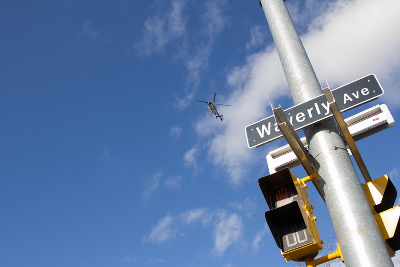 A helicopter flew over the SU campus during the vice president's visit to his alma mater.