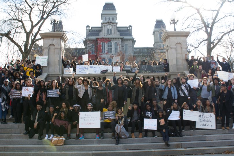 About 100 SU students rallied in solidarity with Mizzou on Thursday afternoon around the end of Joe Biden's speech about sexual assault in Goldstein Auditorium.