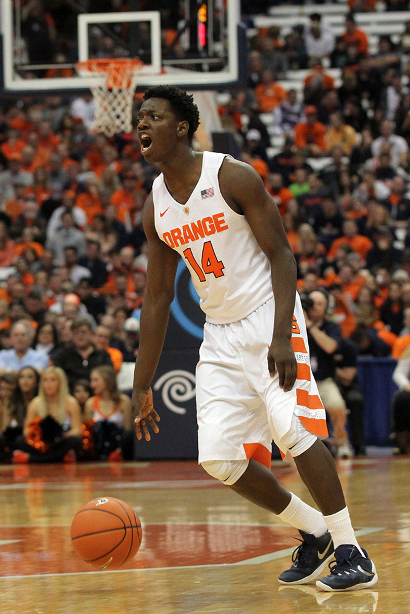 Kaleb Joseph lets out a yell from the Carrier Dome court during Syracuse's season-opening win against Lehigh.