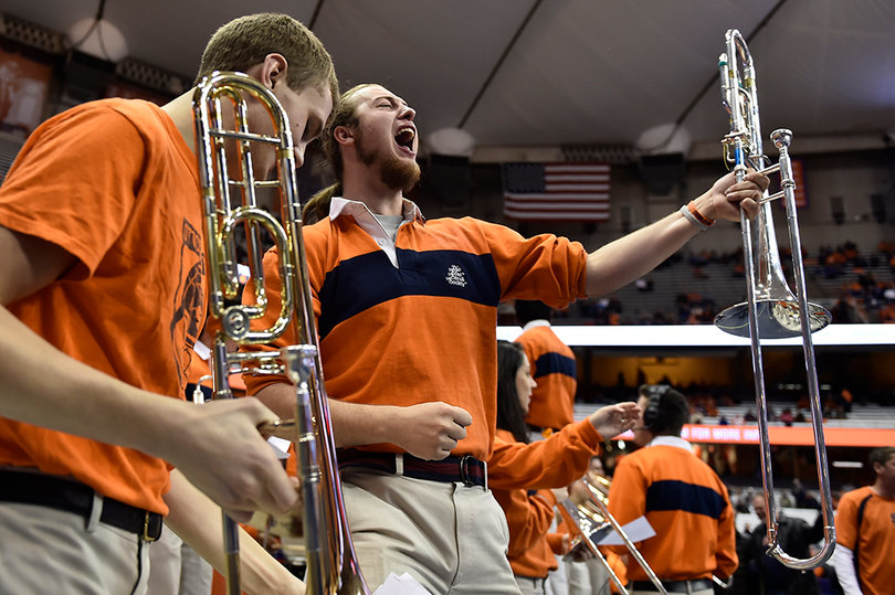 The Syracuse marching band celebrates the Orange's success against Lehigh in its season-opening win.