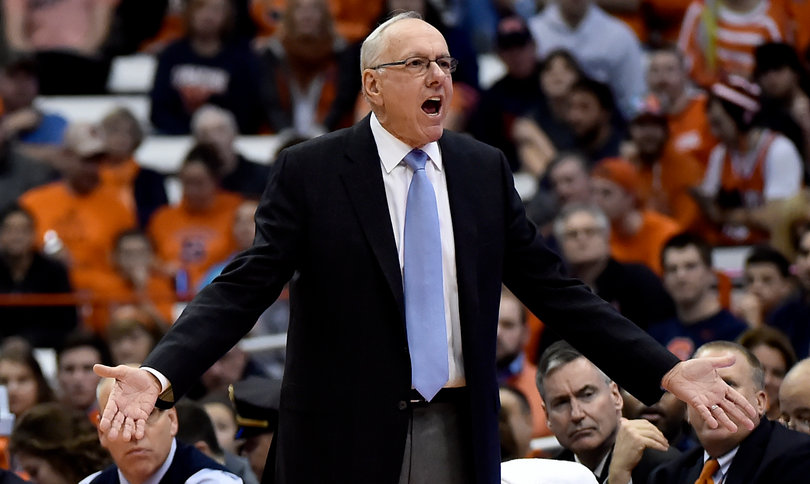 Syracuse head coach Jim Boeheim openly disagrees with an official's call in Syracuse's win on Friday.