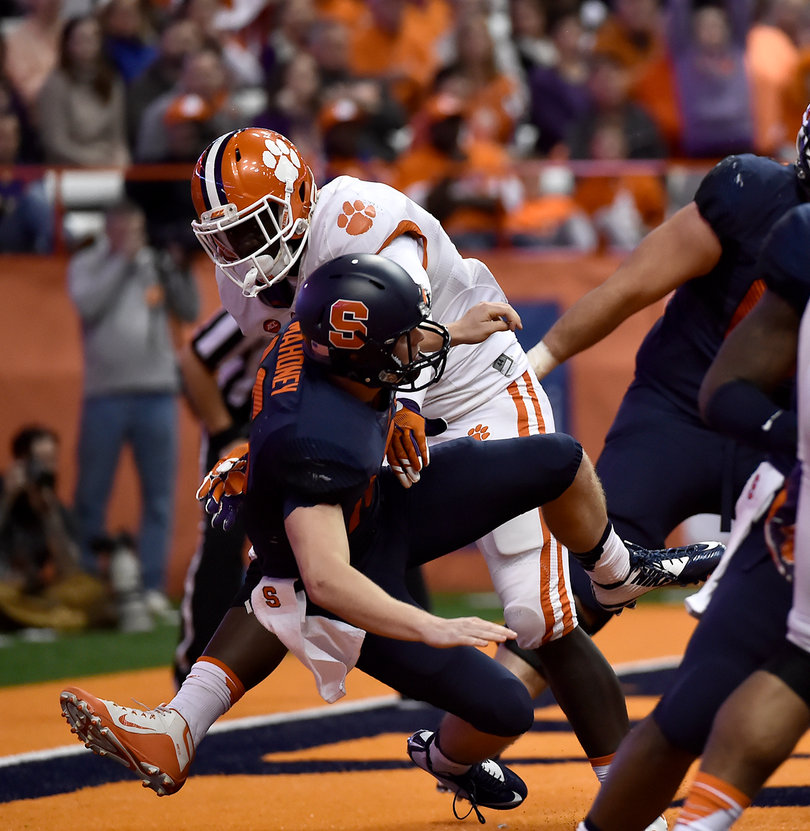Mahoney takes a hit in the end zone from a Clemson defender. He was 8-for-21 passing on Saturday.
