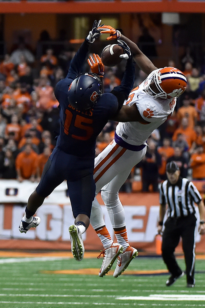 Juwan Dowels defends a pass for Syracuse. He had seven total tackles and an interception.