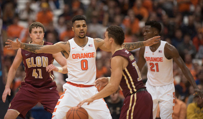 Gbinije guards an Elon guard during SU's win. He recorded four steals against the Phoenix. 