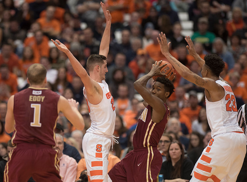 Lydon and Richardson trap a ball handler during SU's 66-55 win over the Phoenix. 