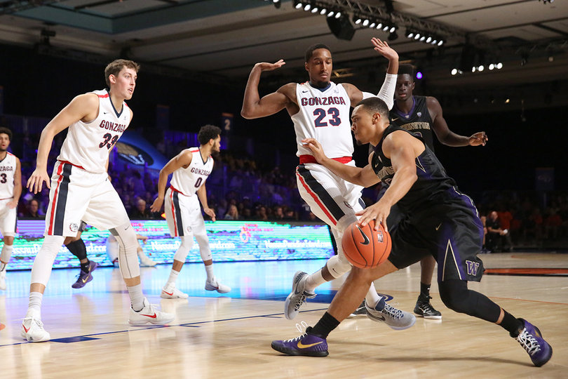 McClellan defends a Washington player. Gonzaga won 80-64.
