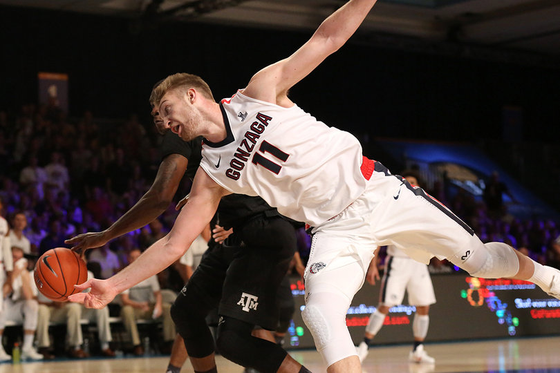 Domantas Sabonis (11) dives to save the ball against Texas A&M. Sabonis grabbed five rebounds in the game. 