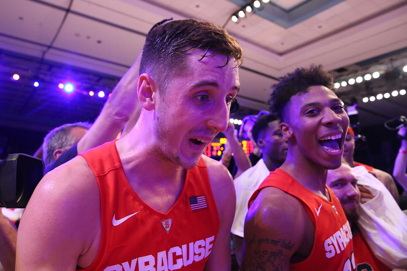 Lydon and Richardson celebrate after the game.