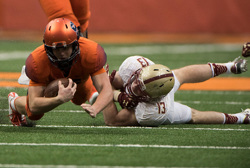 Mahoney dives for an extra yard during the first half of Syracuse-Boston College. 