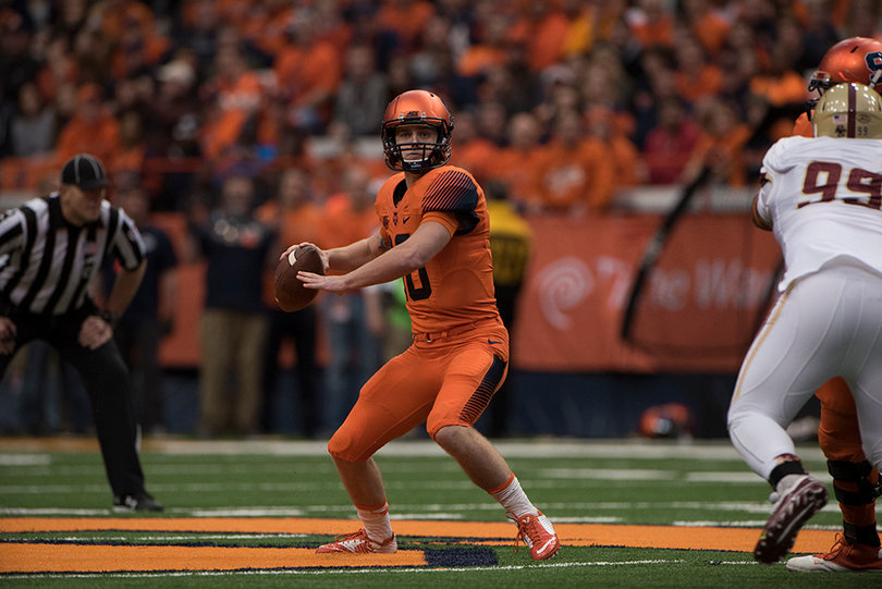Mahoney winds up to throw during the first half of Syracuse-Boston College. He threw for just 88 yards but tacked on two touchdowns. 
