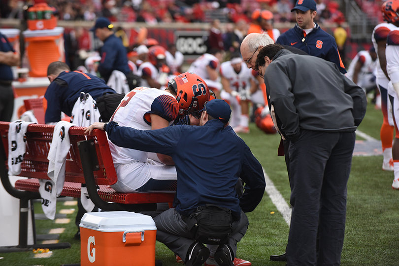 Dungey sits on the sideline after being rocked on a scramble in the fourth quarter. Shafer said Dungey has a head injury. 
