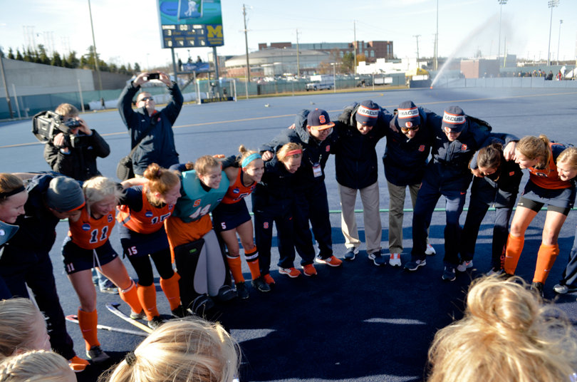 Syracuse's traditional post-game huddle, with the added excitement of having earned a national championship berth.