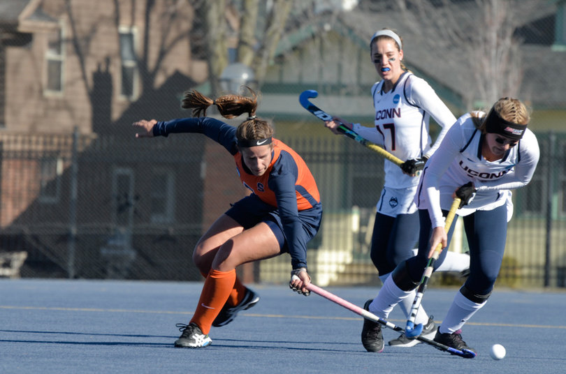 2015 ACC Offensive Player of the Year, Alma Fenne, tries to win the ball from Connecticut's Haeli McCabe.