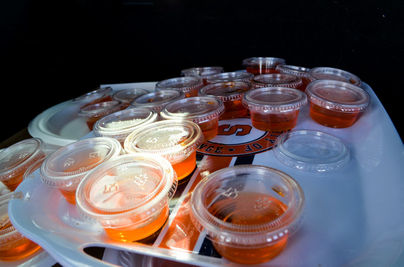 Tailgate amenities lie on a Syracuse platter.