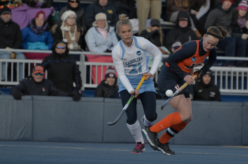 SU's Emma Russell battles UNC's Casey Di Nardo for the ball.