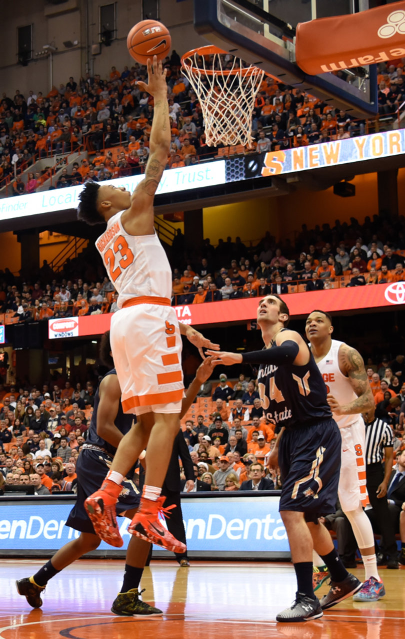 Malachi Richardson hangs in the air as the ball rests on his fingertips. He scored seven points in 25 minutes against MSU.