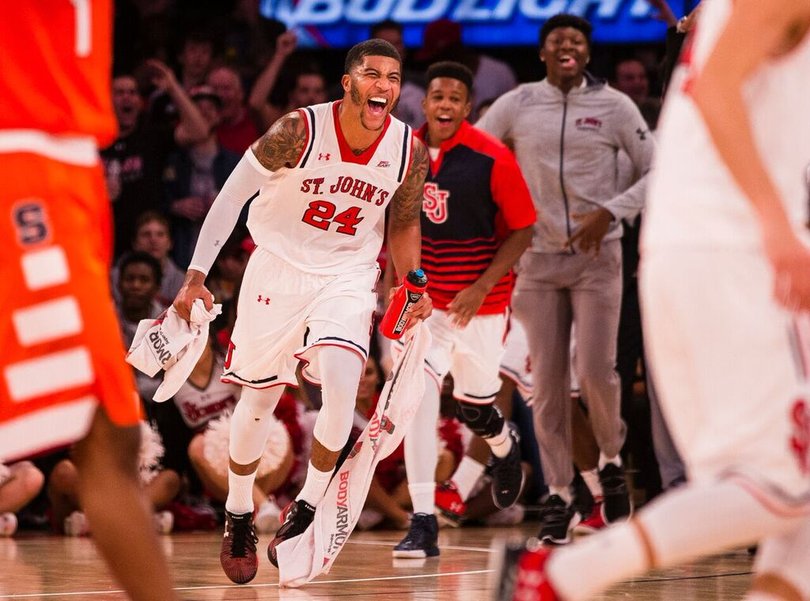 Ron Mvouika yells in excitement. He had 10 points in the SJU win.