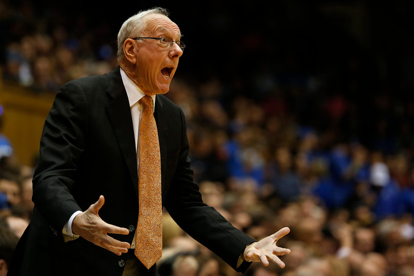 Jim Boeheim motions toward the court while he coaches at Cameron Indoor Stadium, where he famously ripped off his jacket in protest of a call in 2014. 