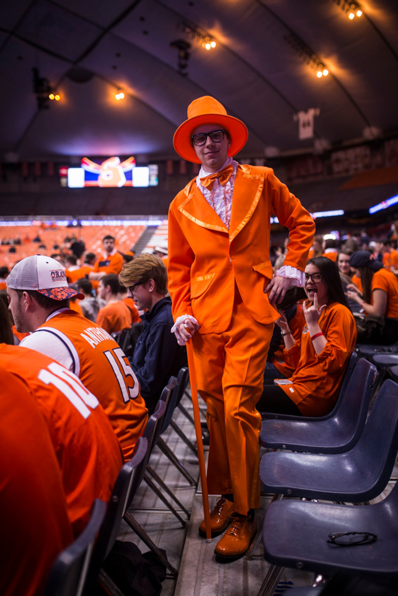 A Syracuse fan dons all orange for the dress like Jim Boeheim competition. 