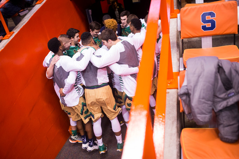 Notre Dame huddles to come out on the court for its matchup with the Orange. 