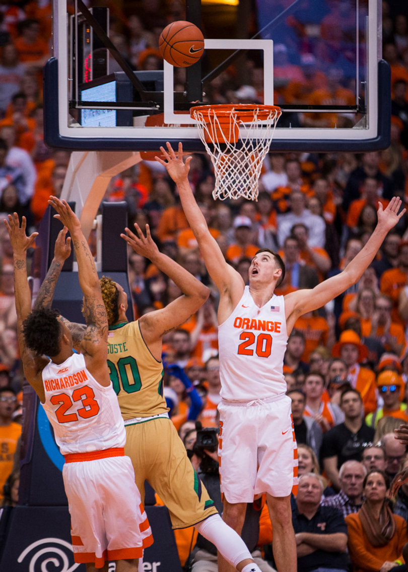 Auguste shoots over Lydon at the rim. Lydon blocked just one shot, but he grabbed 10 rebounds. 