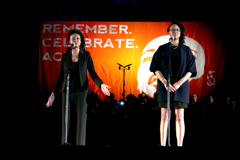 Spoken word poets and SU seniors Rianne Parker and Mariah Scott performed the poem “Say It Loud!” The poem critiqued the disparities between the pledge of allegiance and current issues facing black people in the U.S.
