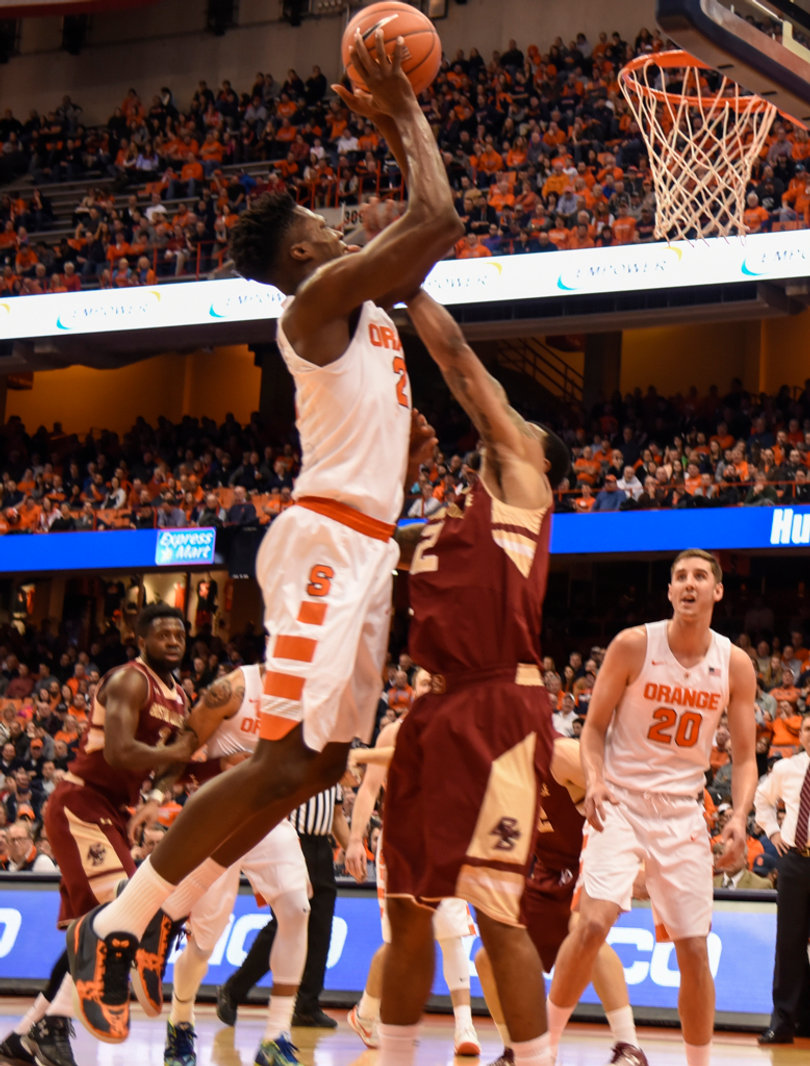 Tyler Roberson elevates with the ball in his hands near the rim. He finished with 10 points and 12 rebounds but sat on the bench after picking up his fourth foul.