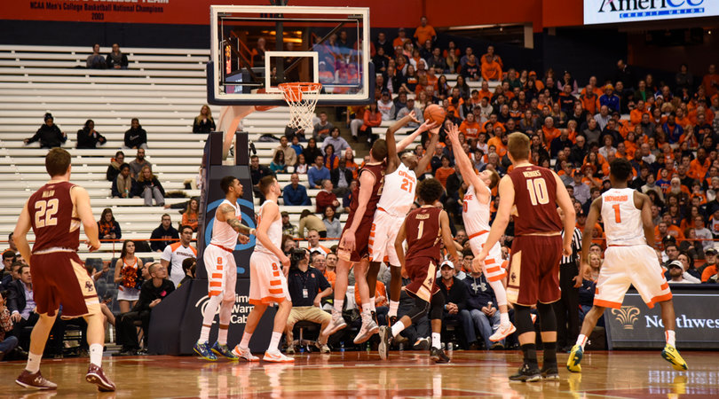 Roberson and Cooney jump for a rebound attempt. Syracuse outrebounded BC 35-27.