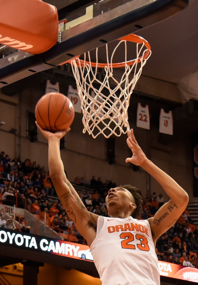 SU freshman Malachi Richardson holds the ball in his right hand at the rim. Richardson scored 15 points against Boston College.