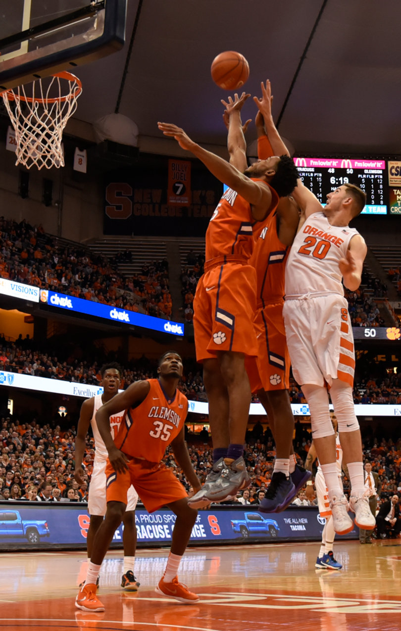 Freshman forward Tyler Lydon (20) jumps behind two Clemson players for a loose ball. Lydon played 38 minutes off the bench.