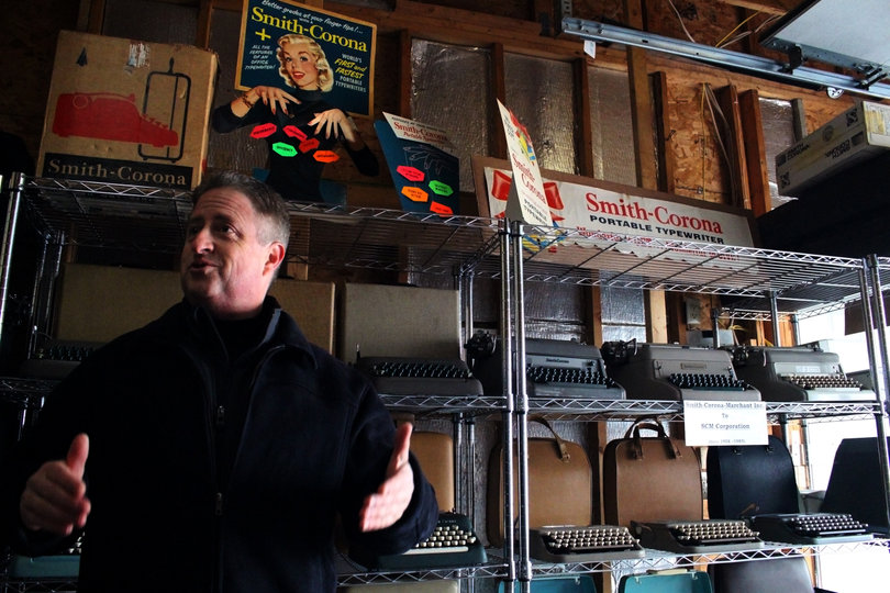Hawxhurst owns over 600 pieces of Smith Corona memorabilia, including large display ads. 