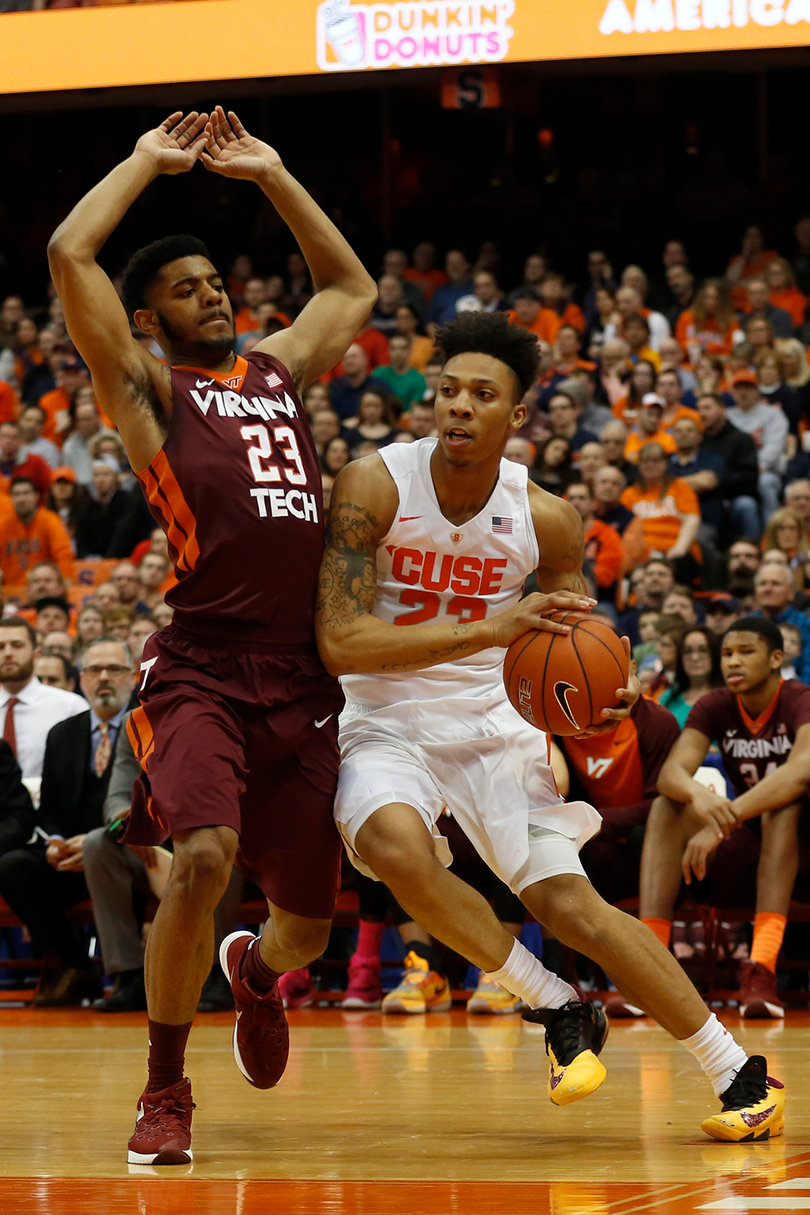 Malachi Richardson drives against Virginia Tech guard Jalen Hudson in the first half of SU's matchup against the Hokies. 