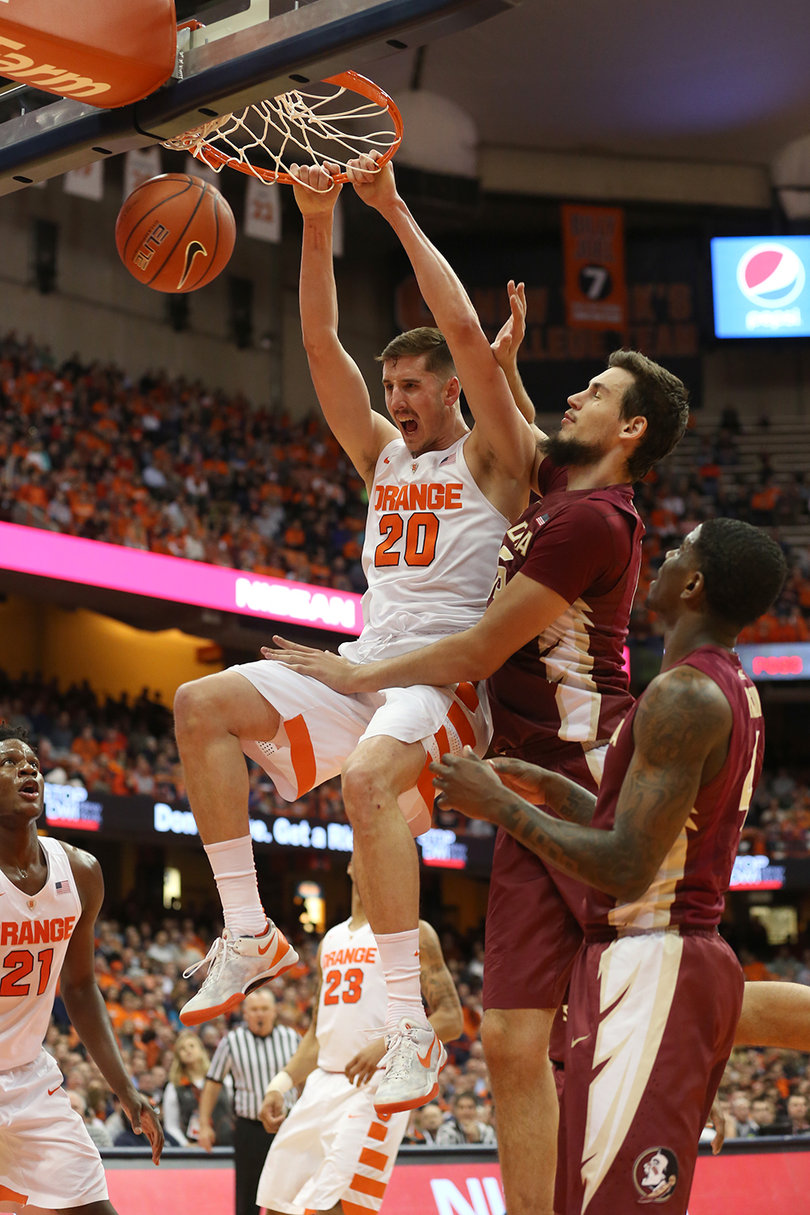 Lydon screams while throwing down a thunderous dunk against the Seminoles in the Carrier Dome. 