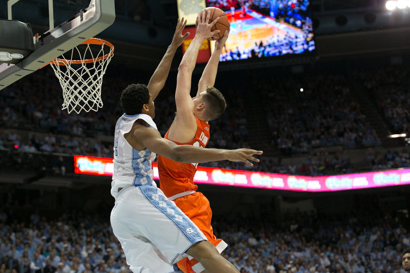Tyler Lydon attempts a dunk during SU's 75-70 loss to the Tar Heels. Lydon finished the game with 12 points and six rebounds. 