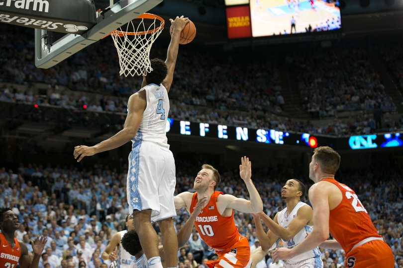 UNC forward Isaiah Hicks blocks a shot by Cooney. It was Hicks' lone blocked shot during the game. 