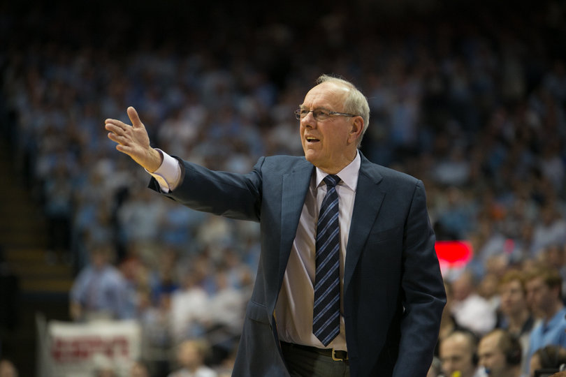 Boeheim motions toward the court during SU's matchup with UNC. 