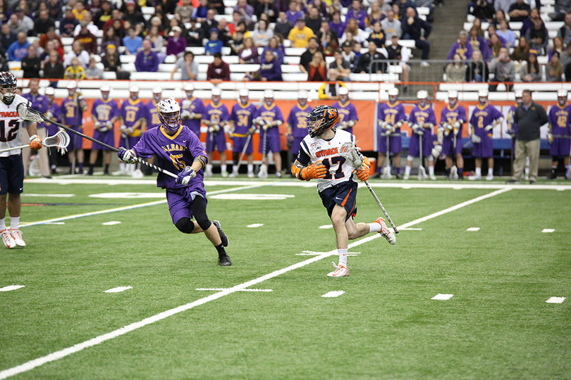Donahue sprints near the top of the restraining box. He had just a single goal against Albany.