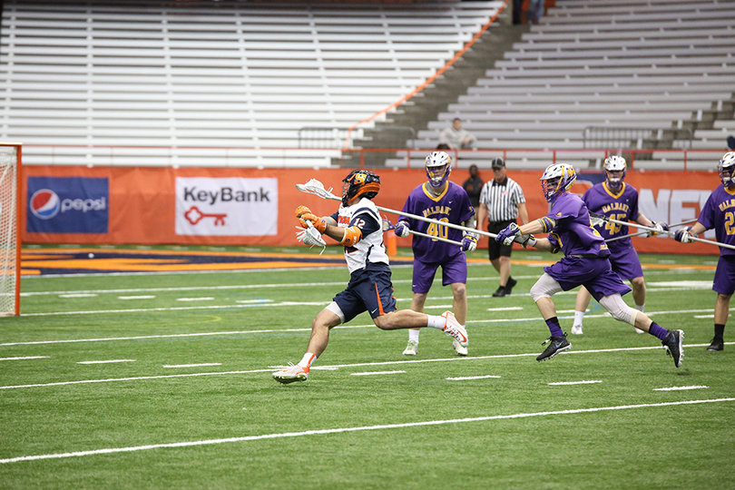 Derek DeJoe winds up to take one of his three shots. He scored three goals on Sunday, bringing his season total to four and equaling the number that he scored last season.