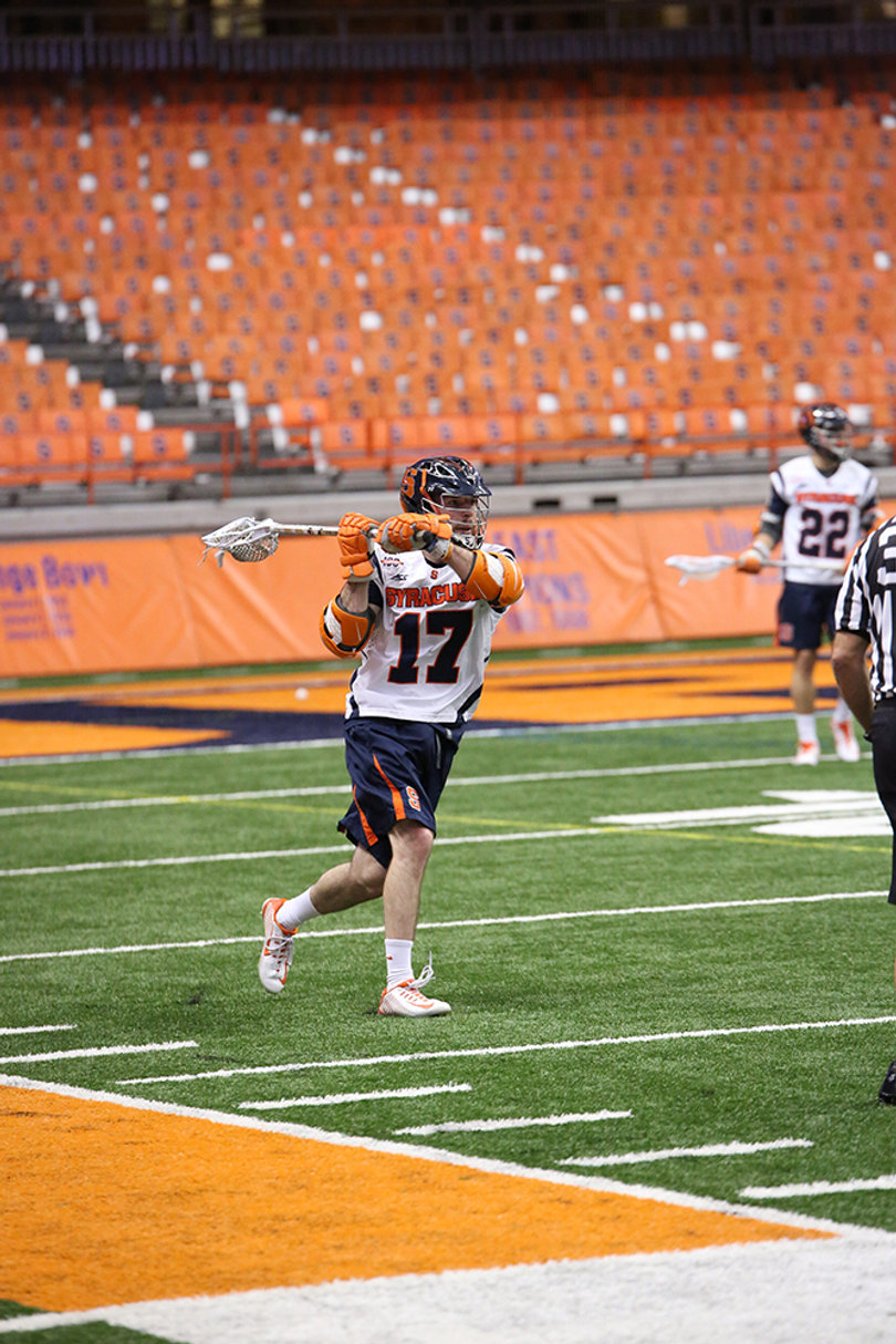 Dylan Donahue brings his stick back before making a pass. After having nine points last week vs. Siena, Donahue had just five against Albany.